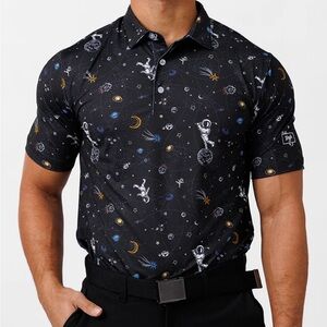 Waggle Men's Mission Albatross Astronaut Golf‎ Polo Shirt Black Novelty Large